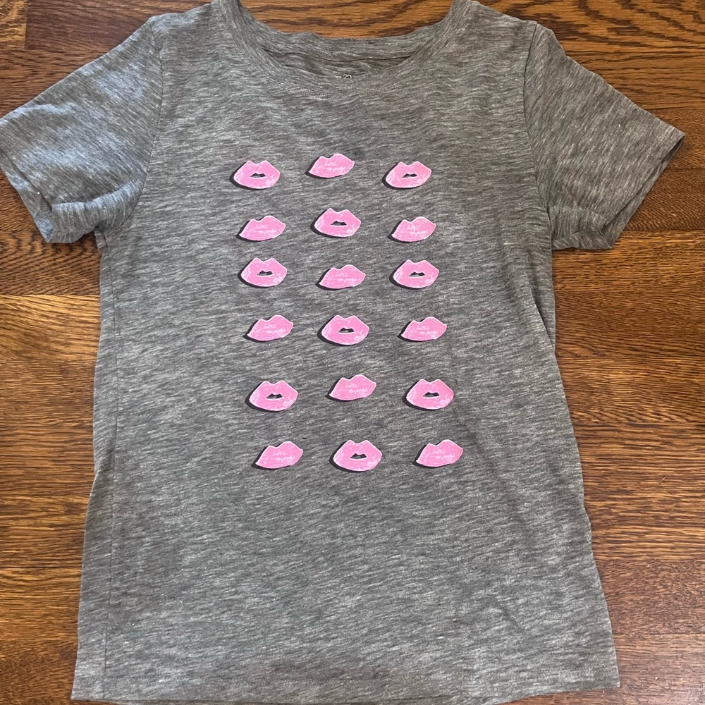 J. Crew Gray Tee with Pink Lips Design